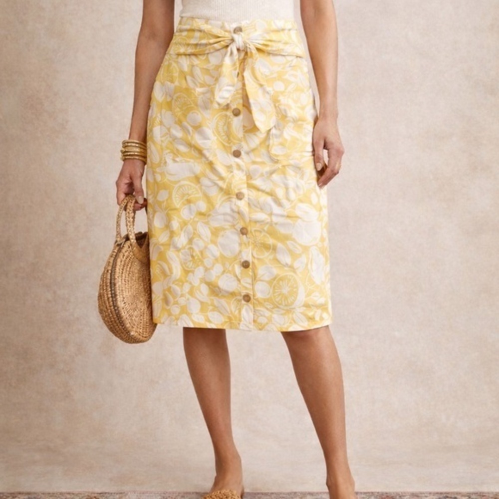 Anthropologie yellow lemon button belted pencil skirt